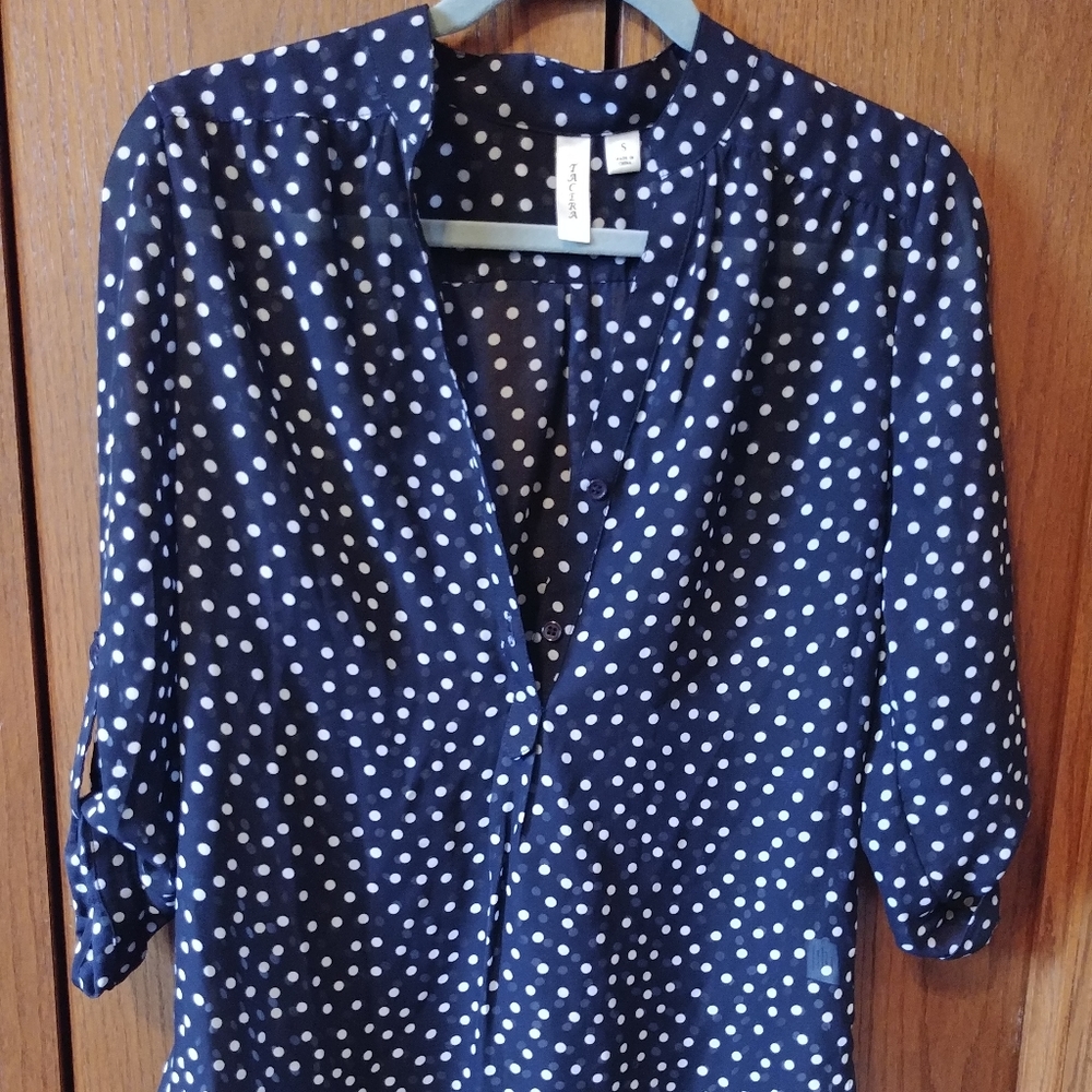 Tacera navy polka dot hi lo shirt